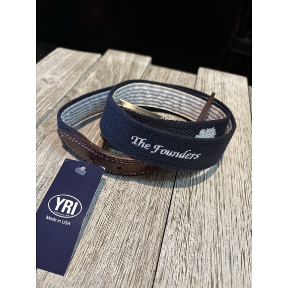 YRI Mens Golf Belt The Founders Blue White Embroidered Cut To Size NWT - Picture 1 of 8